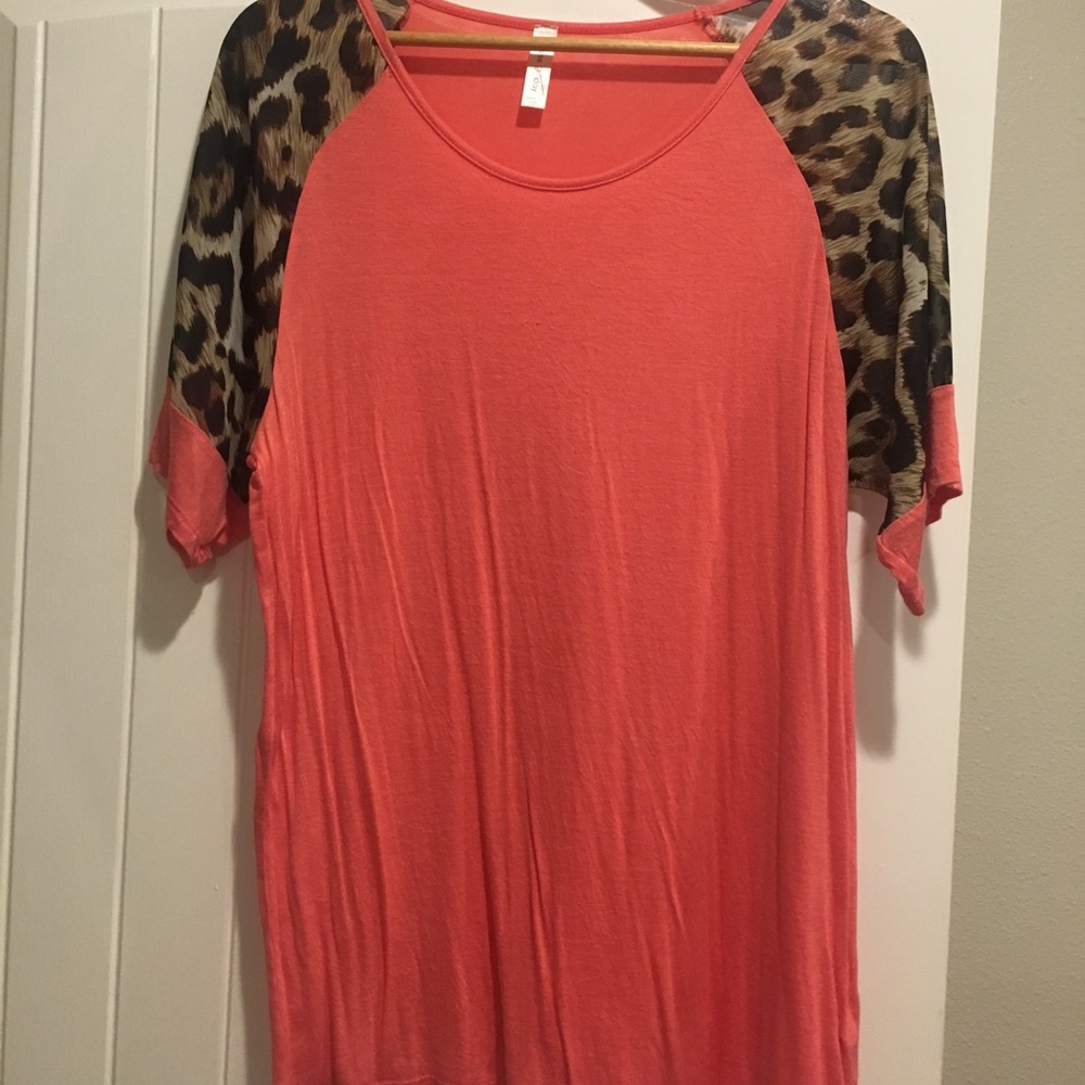Coral Top with Sheer Cheetah Sleeves